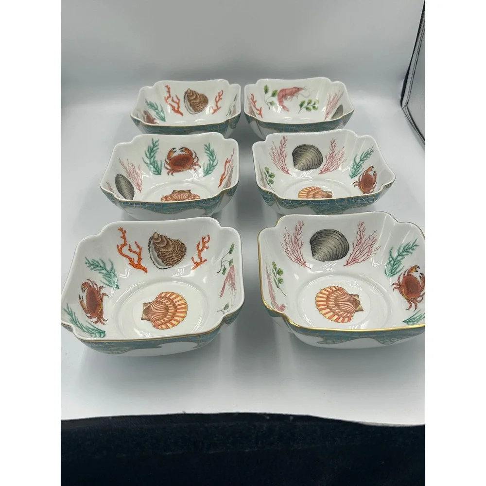 Lynn Chase Saint Tropez Porcelain Bowls 24K Gold Trim Coastal Shells Set of 6